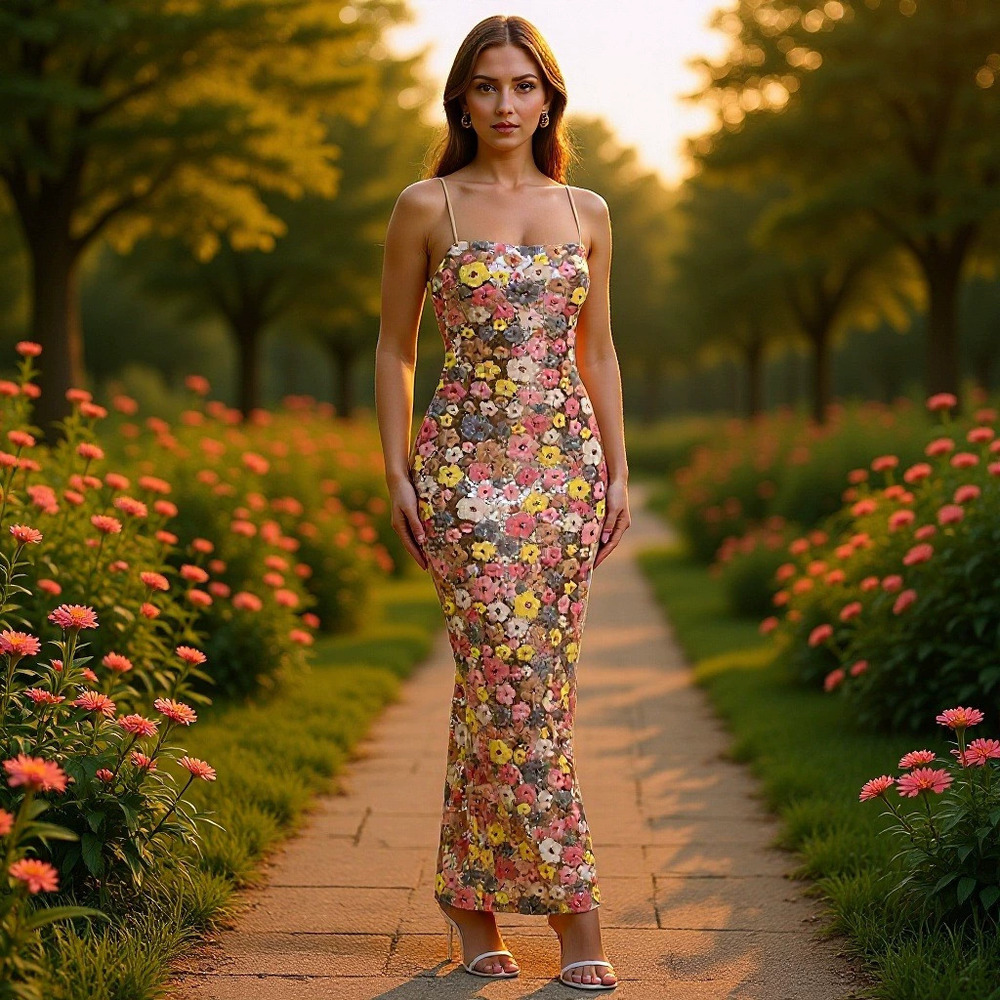 Zara Summer Sequin Strappy Floral Bodycon Maxi Vacation Dress